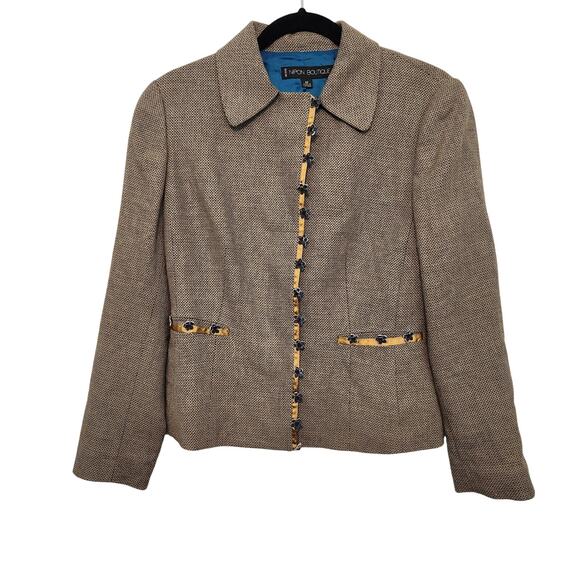 Nipon Boutique Petite Blazer Wool Blend Brown Teal Dotted Embellished Women's 8P - Picture 1 of 8
